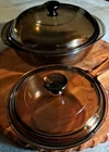 Corning Vision Pyrex 1.5L Round Casserole Dish Amber Glass & .5L Sauce Pan Lids