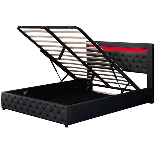 LED Light Functional Upholstered Bed with Slatted Frame and Storage Space - Picture 15 of 26