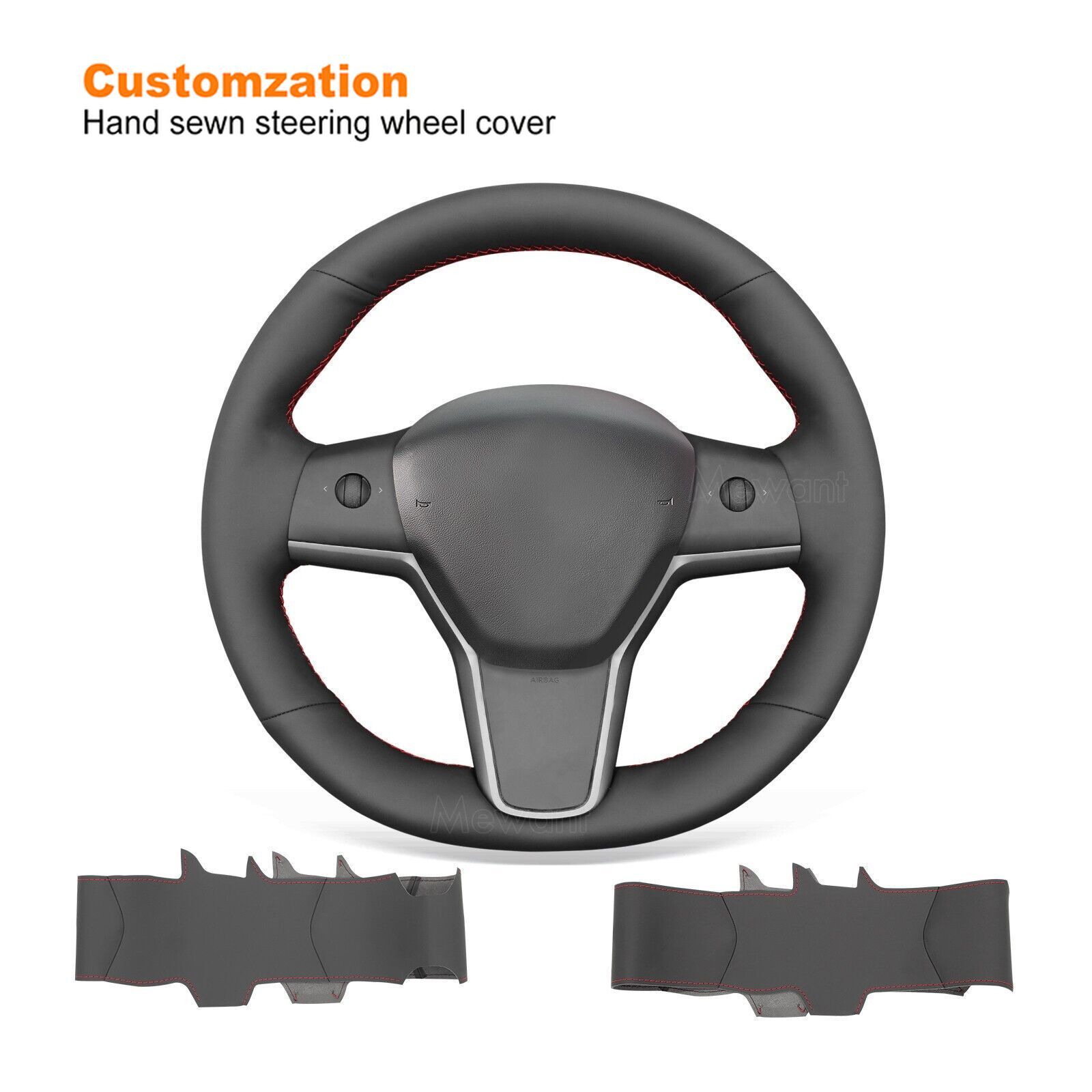 Black Real Leather Steering Wheel Cover for Tesla Model 3 2017-2023 / Model Y