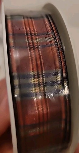 Tan, Navy Red Plaid Design Acetate ribbon 1" By 25M/82FT made in France - Picture 2 of 4