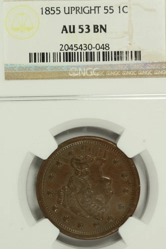 1855 Upright 55 Braided Hair Large Cent : NGC AU53