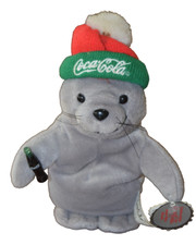 Vintage 1998 Coca Cola Gray Seal with a Hat Plush Beanie 9 inches