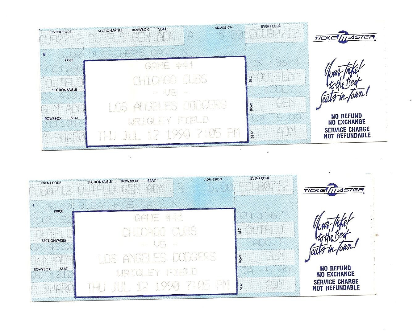 Chicago Cubs vs Los Angeles Dodgers Unused Baseball Tickets from 7/12/1990