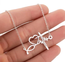 Silver Heartbeat, Heart Necklace Electrocardiogram EKG Beat, Nurse, Doctor Love