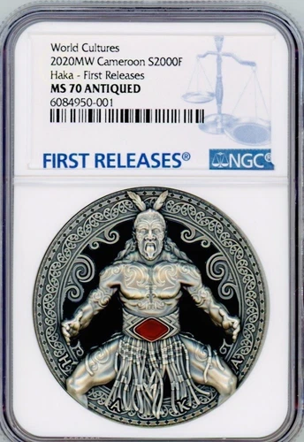 HAKA WORLD CULTURES 2020 CAMEROON 2oz .999 Silver Coin w/Carnelian NGC MS 70 FR