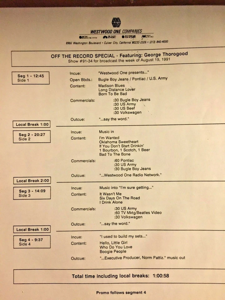 RADIO SHOW: 8/19/91 MARY TURNER OFF THE RECORD GEORGE THOROGOOD 1HR/2LPs Foto 3 de 3