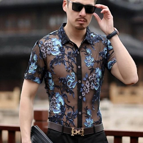Mens Tops Silk Short Sleeve Slim Floral 