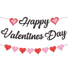 Glitter Happy Valentines Day Banner - 10 Feet, Heart Garland, Valentines Day Dec