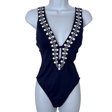 La Blanca Navy White Sea Scallops Multi-Strap Plunge One Piece Swimsuit Sz 12