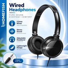 Wired 3.5mm Headphones Black Lightweight Adjustable Headband Stereo Headset