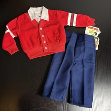 Vintage 80s Baby Boy 12M 3pc Cardigan Shirt Polyester Pants Outfit/Set Red Blue