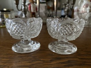 Pair EAPG Salt Cellars Glass Diamond Point Sawtooth pattern 1880s (?)