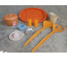 Vintage Plastic Toy Kitchen Accessories Set Orange Yellow Retro Play Dishes 10pc
