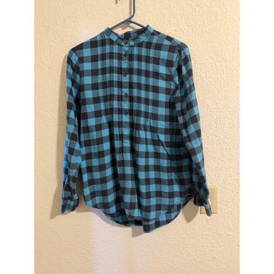 Lands End Blue Black Buffalo Check Flannel Mandarin Collar Pintuck Tunic Top