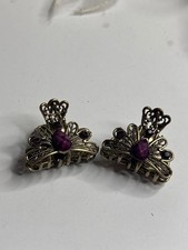 Vintage Brass Hair Barrettes With Purple Stone Accents  Filigree Design