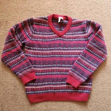 JANIE and JACK Kids Sweater Size 12 Red Blue Cotton Fair Isle V-Neck Long Sleeve