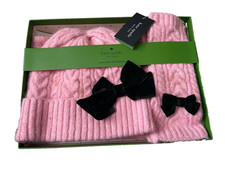 KATE SPADE NY CABLE HAT-SCARF-ARM WARMERS 3 PC. SET PINKW/BLACK VELVET BOWS