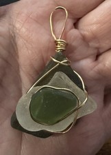 Copper Wire Wrapped Sea Glass Pendant Green and White