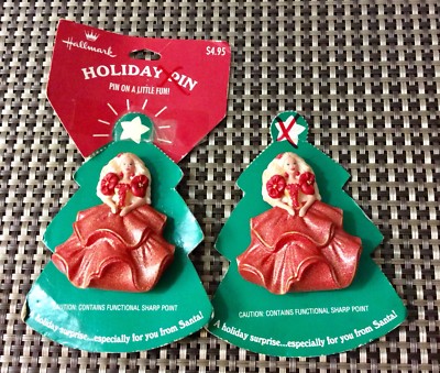 Set Of Two 1995 Hallmark Mattel Holiday Barbie Red Dress Lapel Pin Brooch NEW