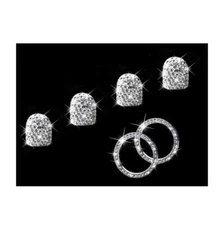 4 Tire Valve Caps & 2 Ignition Ring Auto Engine Start Stop White Crystal Bling
