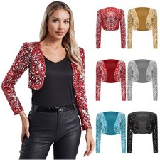 DE ranrann Bolero Damen Festlich Pailletten Glitzer Kurze Langarm Schulterjacke 