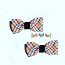 Puppy Dog Bows Black tan white plaid TWO pet hair bow barrettes or bands