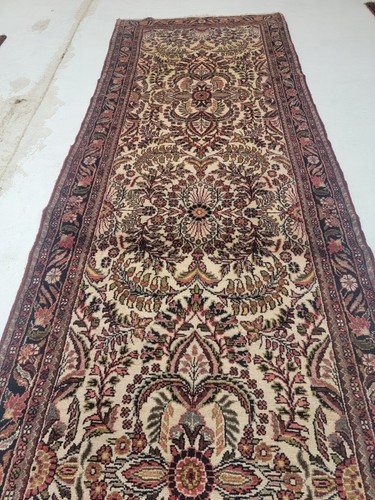 Antique Oriental Hand-Knotted Wool Runner Beige/Red/Green 3'8" x 11'4"