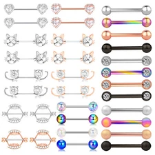14G CZ Gems Nipple Rings Tongue Ring Stainless Steel Shield Barbell Piercing Kit