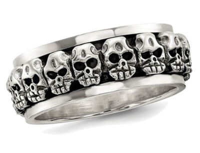 Mens Antiqued Polished Skull Ring Sterling Silver with Spinning Center 