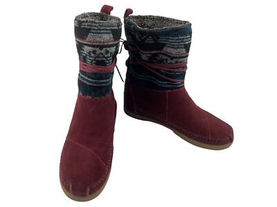 Toms Boots Women 7.5 M Nepal Jacquard Shoes Red Black Suede Fur Lined Pull on