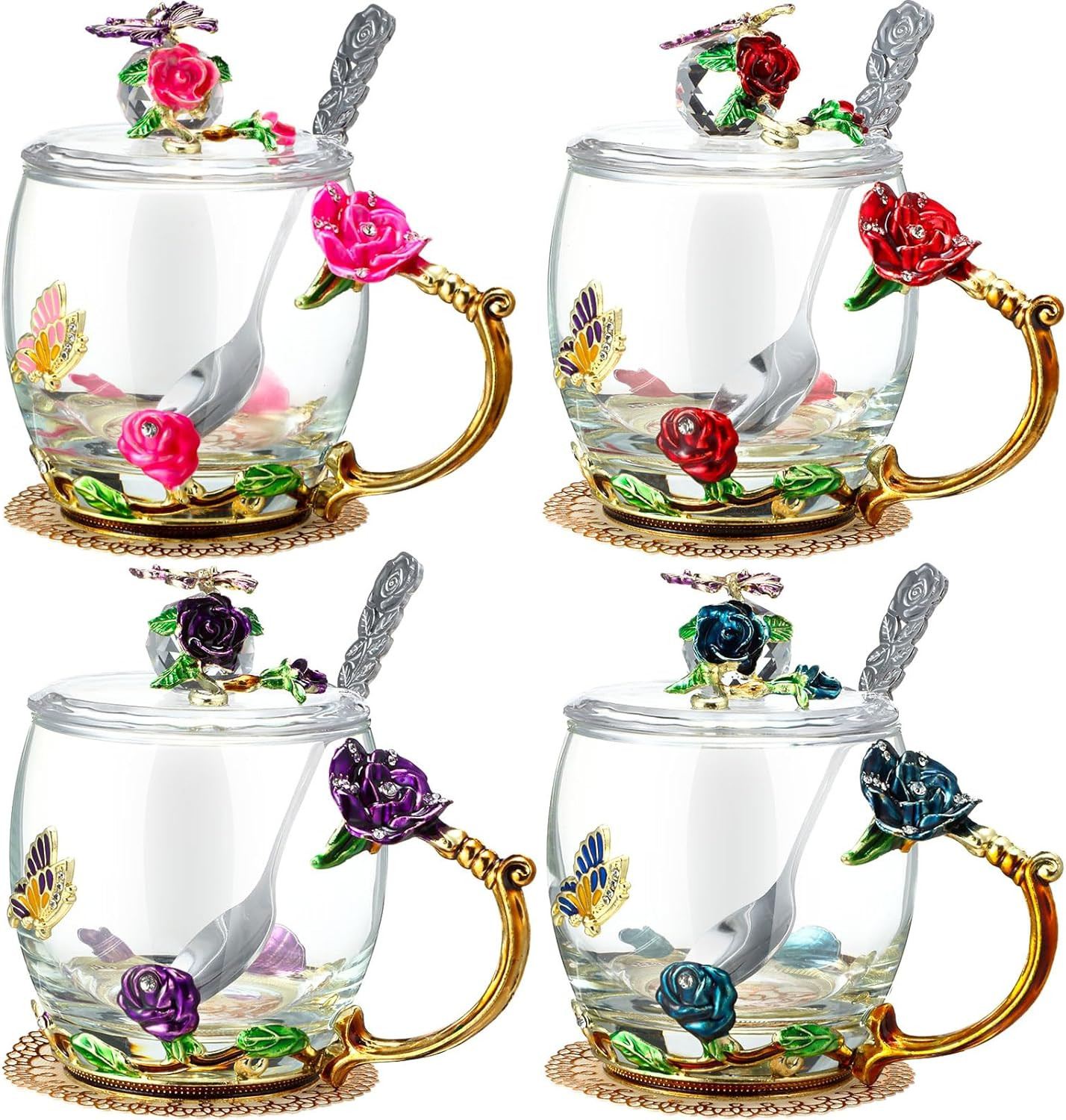 4 Sets Flower Tea Cups with Lids Butterfly Vintage Glass Coffee Mugs with Spoon