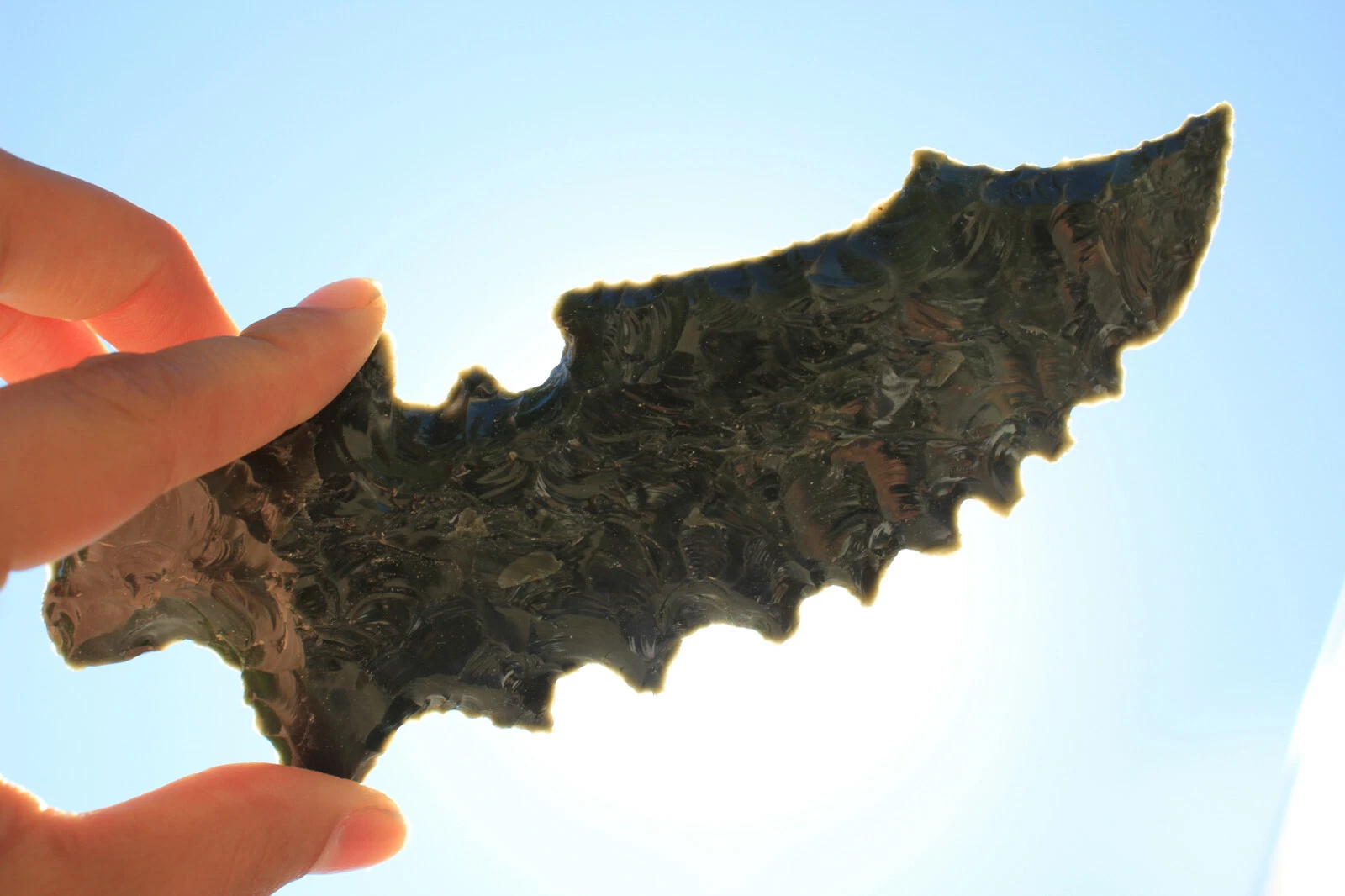 Flint Knapped Burns Green Obsidian Knife Mayan Eccentric Replica Serrated Blade