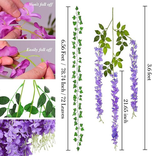 12PCS Artificial Wisteria/Ivy Garland Fake Leaf Plants Vine for Wedding Decor - Picture 6 of 17