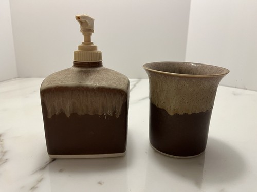 Pottery Vintage Soap Dispenser Pump Signed Stoneware Cup Signed KS