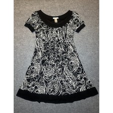 London Times Swirl Print Empire Waist Dress 10 Black White Short Sleeve Pleated