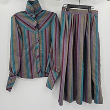 Vintage Western Sophisticates Pendleton Striped Pleated Skirt Set Blouse 13/14