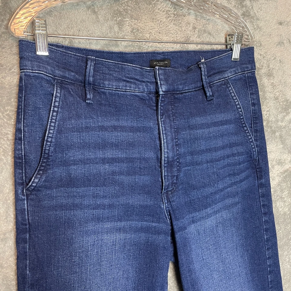 Ann Taylor Women Classic High Rise Dark Wash Stretch Flared Trouser Jeans 12 - Image 3 of 4