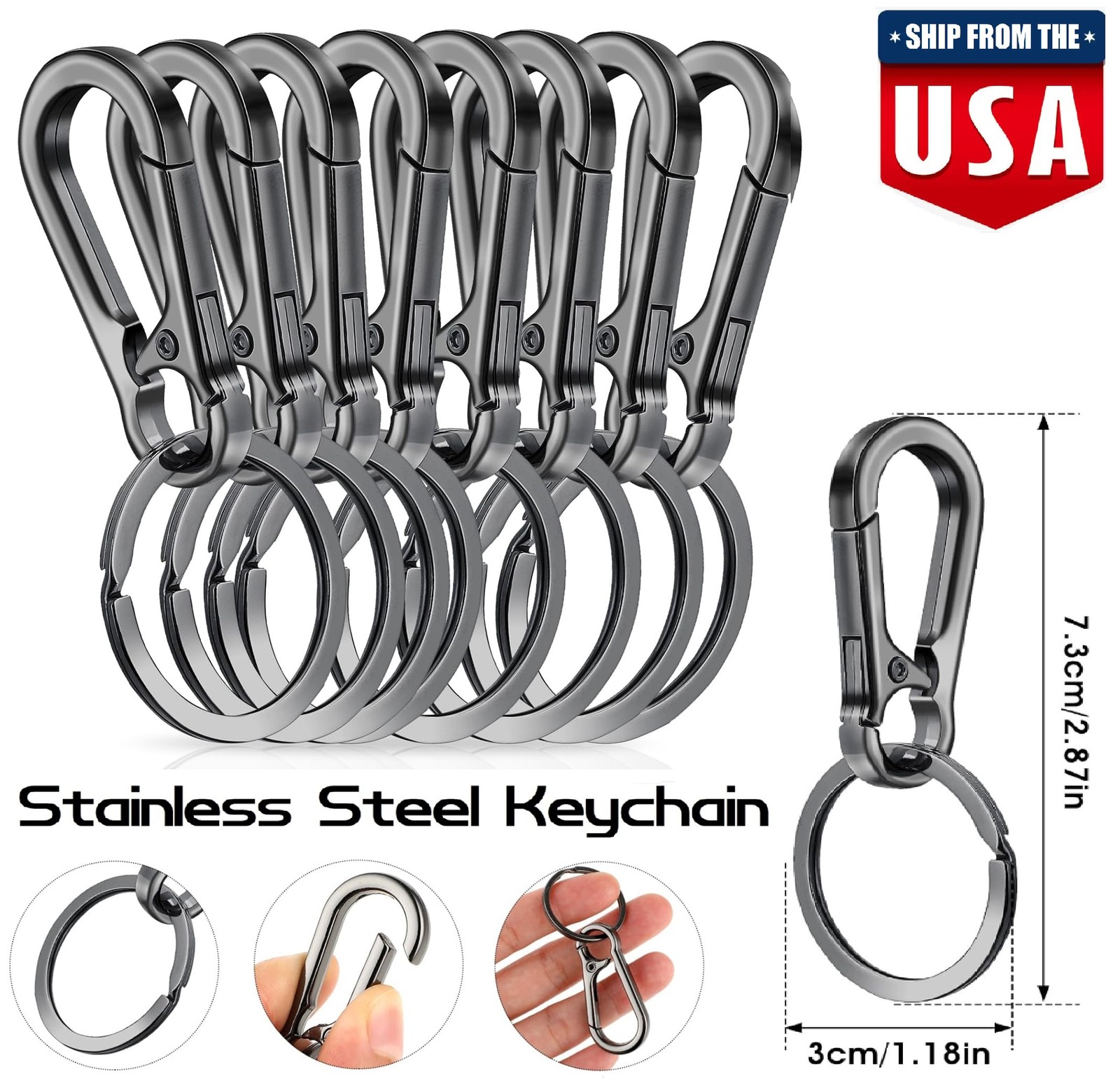 10× Metal Heavy Duty Carabiner Keychain Key Ring Clips Holder Organizer Black US