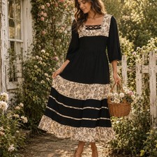 Vintage Sante Prairie Dress Black Cream Floral Cottagecore Midi Maxi romantic