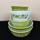 Vintage 70's  Pyrex Crazy Daisy Spring Blossom Lime Nesting Mixing Bowls Lot 5