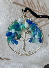 wire wrapped tree of life pendant dragonflies moon silver tone