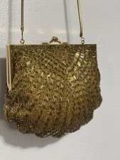 VTG Gold tone Party Handbag Purse Clam shell Style Art Deco Design Evening Bag