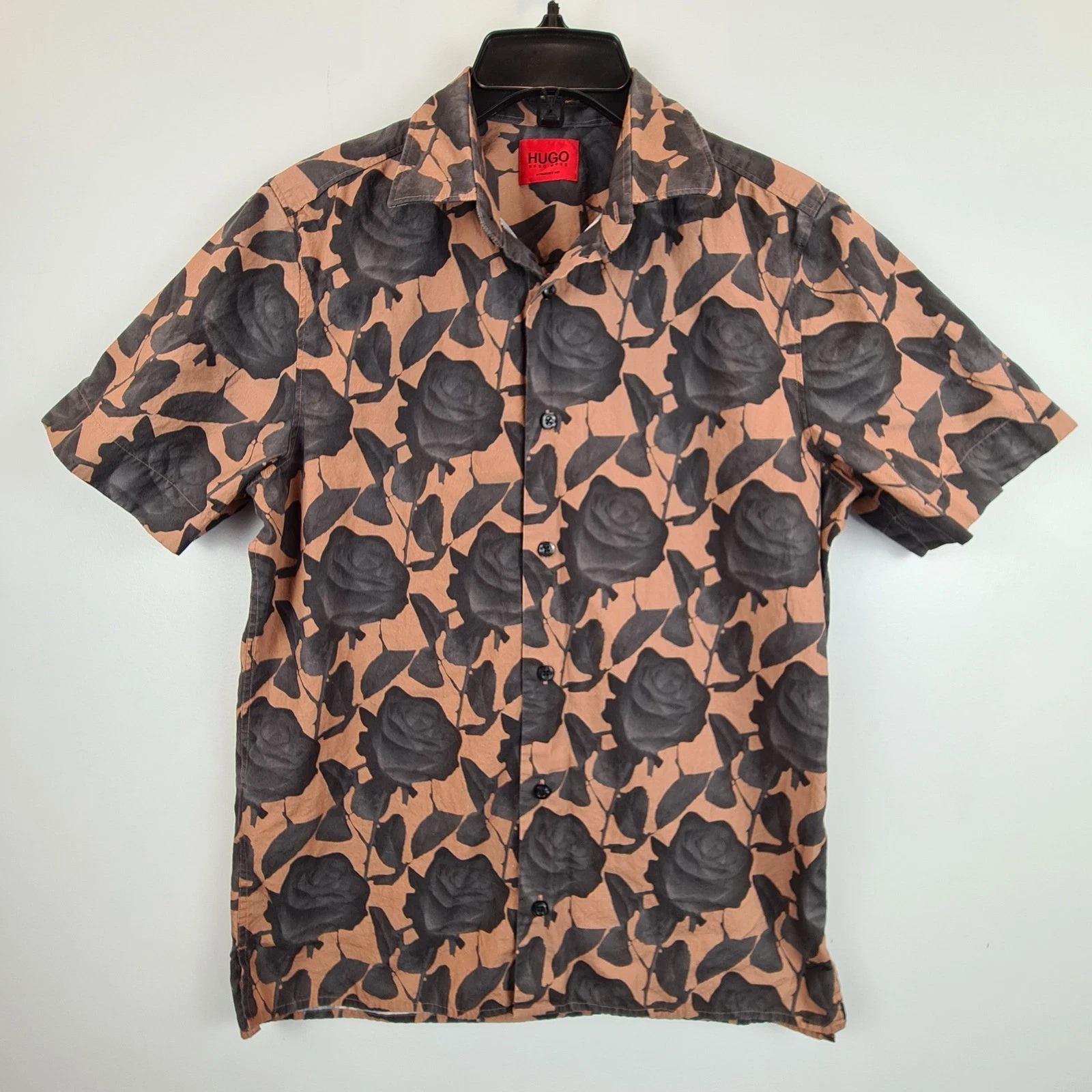 Hugo Boss HUGO Mens XS Brown Black Rose Floral Short Sleeve Button Up Shirt