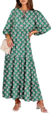 ANRABESS Womens Boho Maxi Dresses 2025 Summer V Neck Puff Sleeve Small, Green 