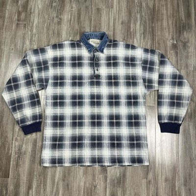 VTG Structure Rugby Polo Plaid Shirt Men's Large Blue Flannel Pullover Denim 90