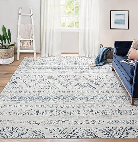 Area Rug Living Room Carpet: 8x10 Large Moroccan Soft 8' x 10' Blue/Ivory - Picture 1 of 6