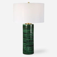 Emerald Green Swirl Stripe Cylinder Table Lamp 28 in Gloss Ceramic Elegant