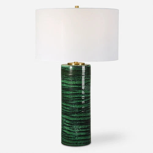 Emerald Green Swirl Stripe Cylinder Table Lamp 28 in Gloss Ceramic Elegant - Picture 1 of 7