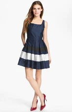 Taylor Dresses Stripe Fit & Flare Dress Sz 12 Navy Multi
