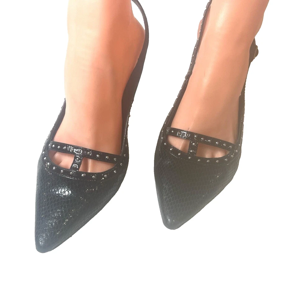 White House Black Market Womens 8M Black Leather Heel Slip On Sling Back Studded - Image 3 of 4